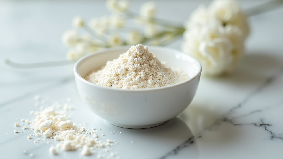 High angle view of collagen peptide powder in a white bowl