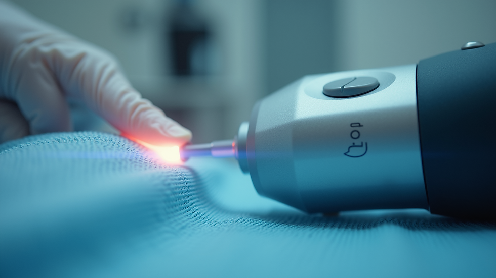 Eye-level view of laser treatment device in a clinical setting