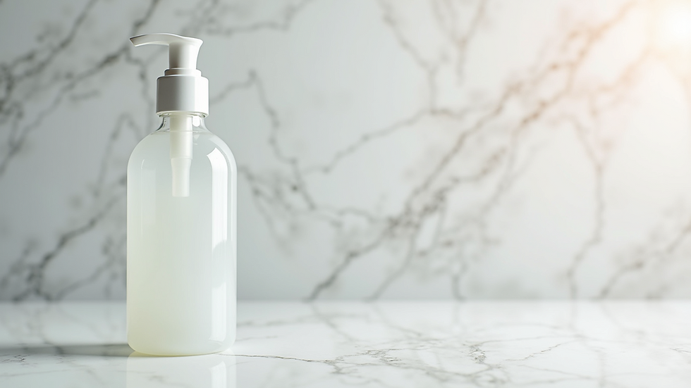 Close-up view of a gentle cleanser bottle on a marble background