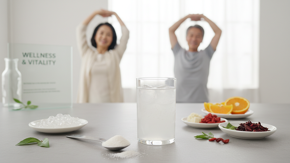 Eye-level view of a glass of collagen drink with a measuring spoon beside it
