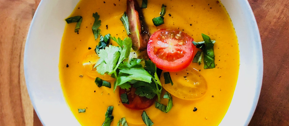 Carrot, cauliflower and heirloom baby tomato soup