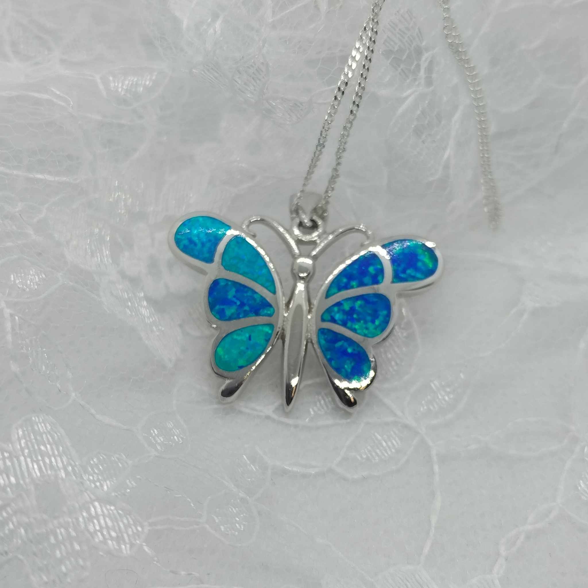 Silver butterfly necklace, created opal