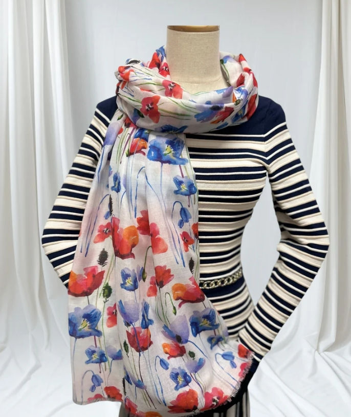 Poppy Flower Print Scarf, white/red