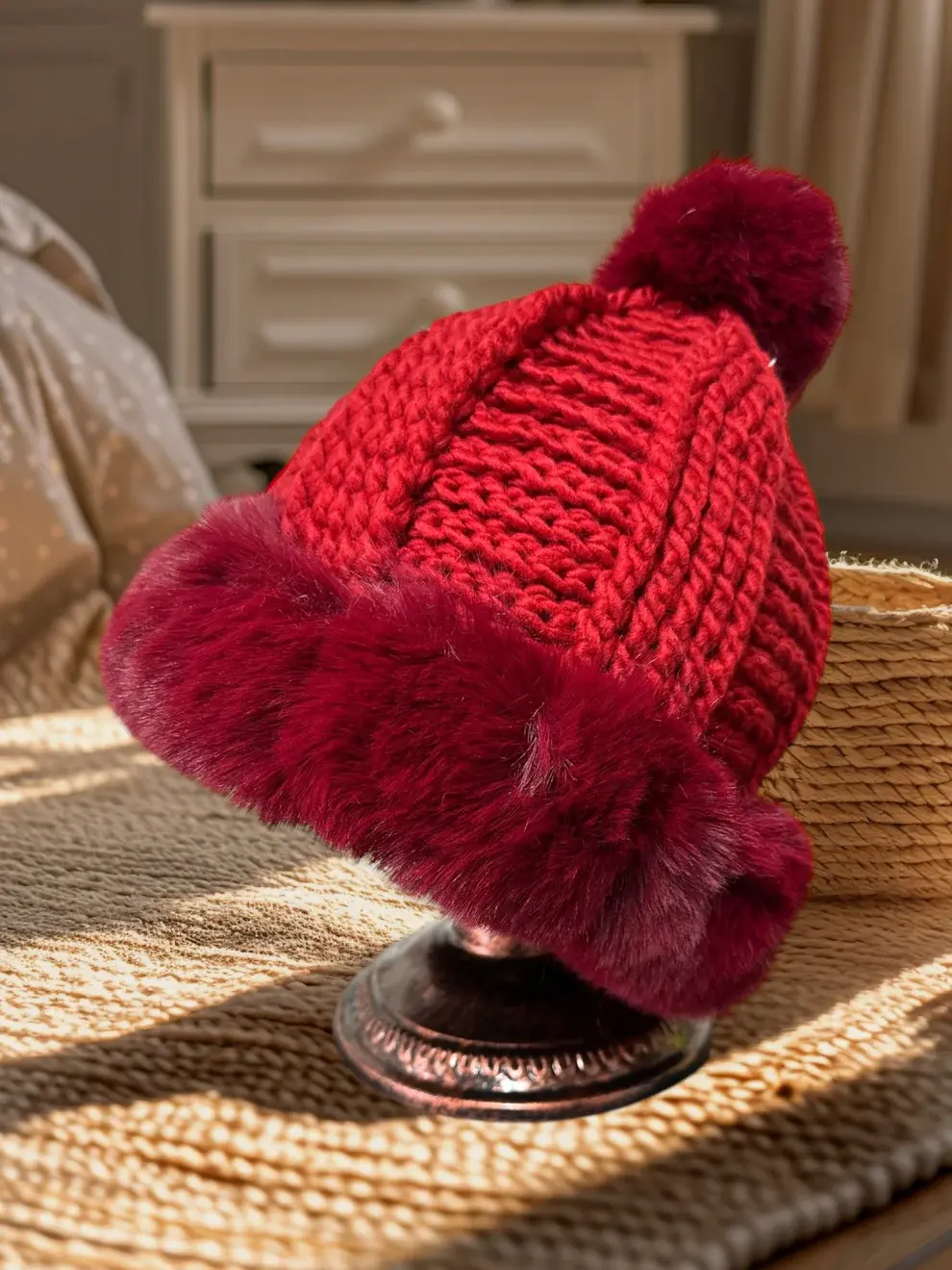 Red pompom hat, Faux fur trim