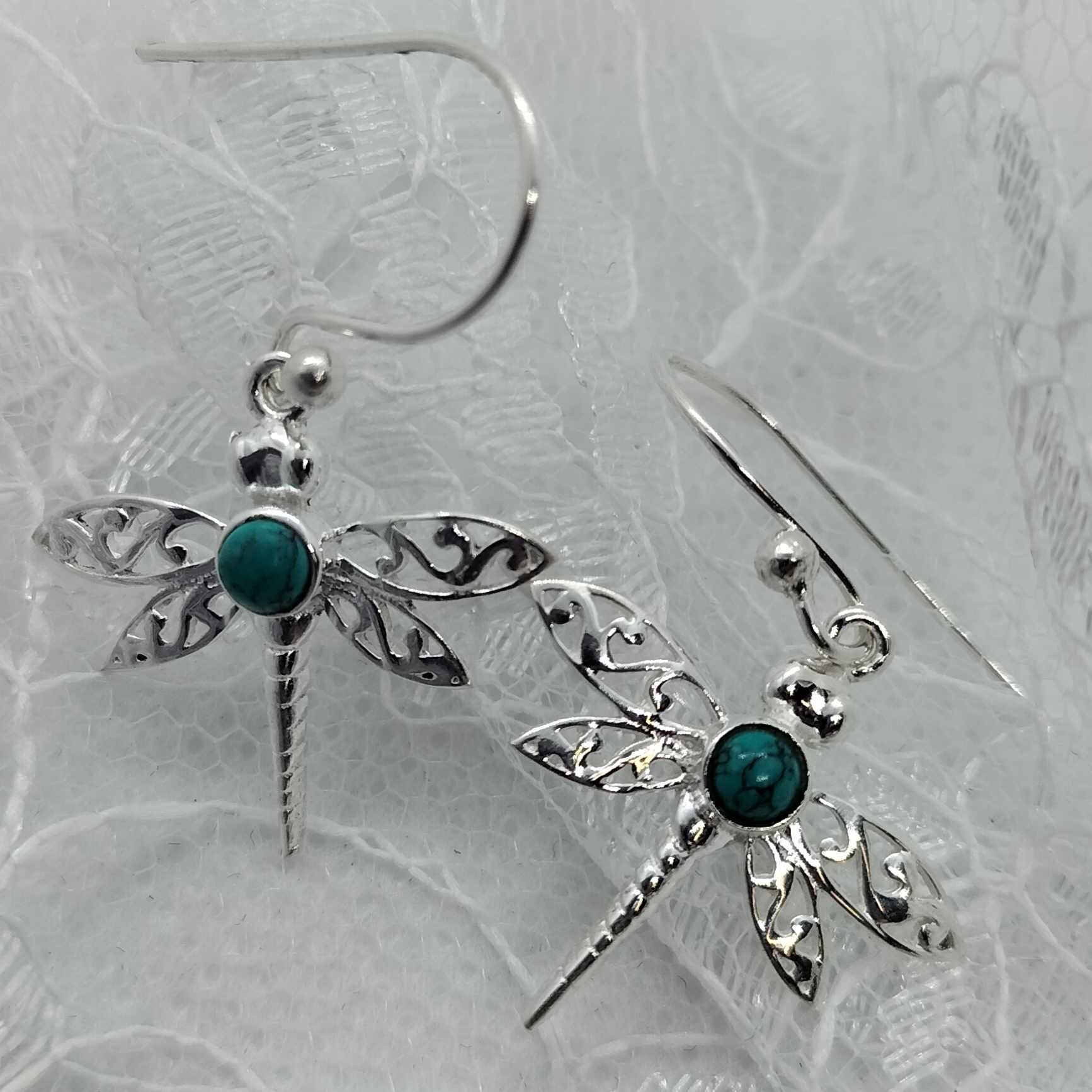 Silver dragonfly drops with turquoise
