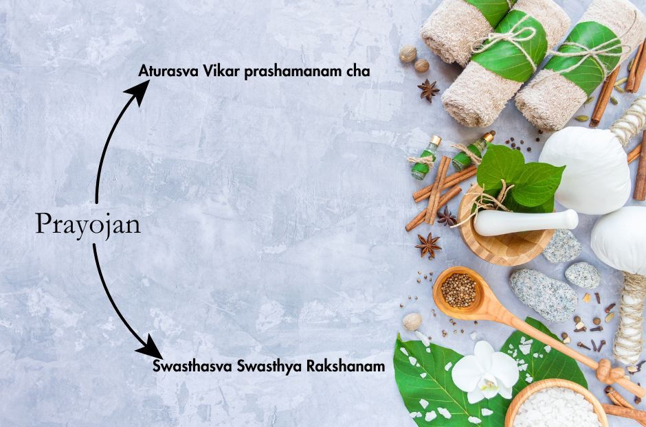 Ayurveda's primary goals - Swasthasva Swasthya Rakshanam (maintenance of good health) and Aturasva Vikar prashamanam cha (treatment of diseases).