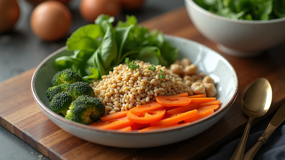 High angle view of a balanced meal with vegetables and grains