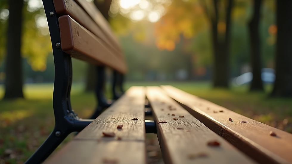 Eye-level view of a peaceful park bench surrounded by trees