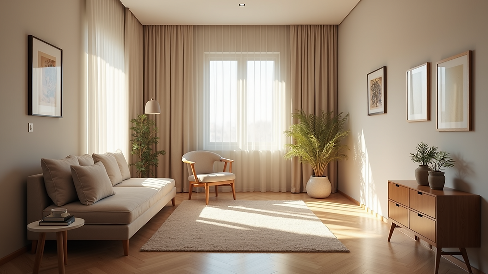 High angle view of therapy room with comfortable seating and calming decor