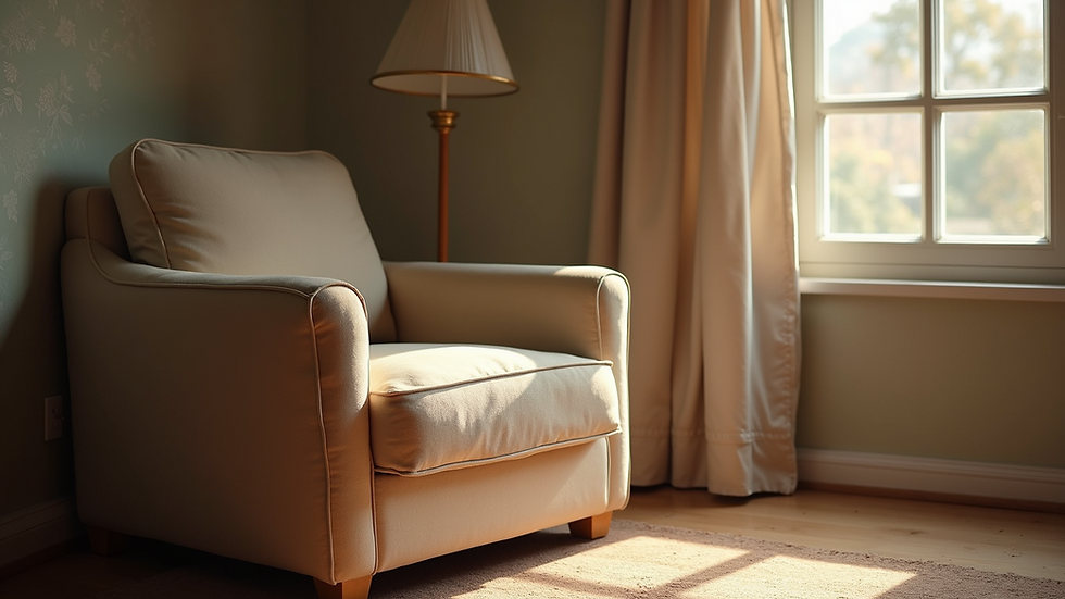 Close-up of a cozy corner with a comfortable chair and soft lighting