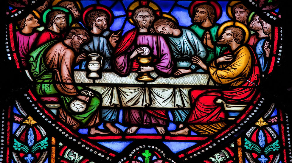 Stained glass painting artwork depicting the Last Supper, featuring Jesus Christ and his disciples in vibrant colours, traditional religious art with intricate details and symbolic elements, commonly found in churches and cathedrals.