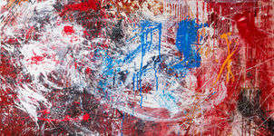 Expressive painting by Josef Daniel Maier in red, black and yellow – oil on canvas, 140×90cm, from the series ‘Healthy Anger’