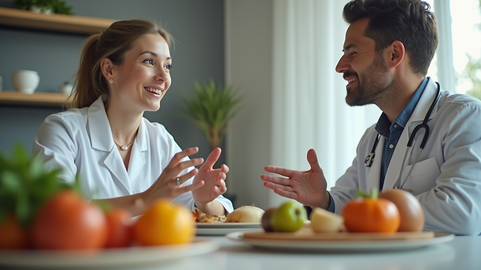 Eye-level view of a nutritionist consulting a patient with food models on the table