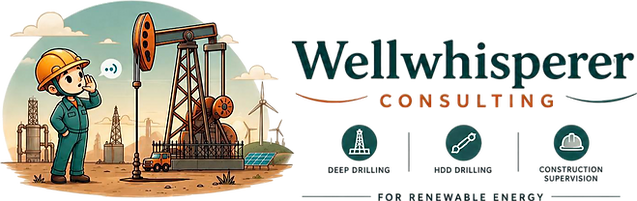 The Wellwhisperer company logo. A drilling rig with a worker whispering to it