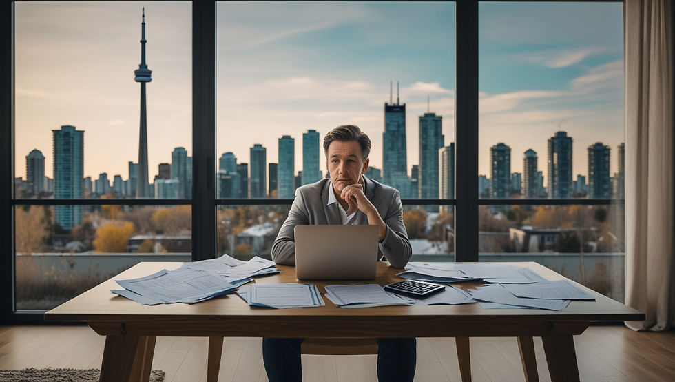 a man sitting at a desk deciding if he should stay, or sell the matrimonial home post divorce