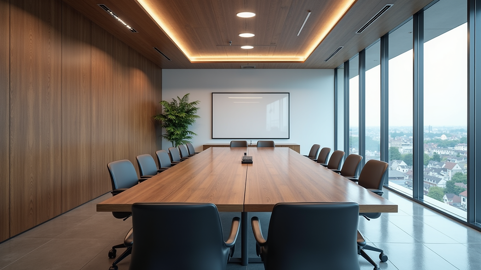 High angle view of a modern conference room with a large table