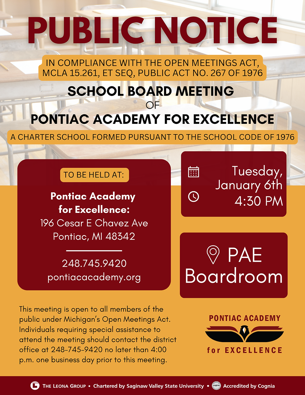 School Board Meeting, Tuesday, January 6th, 4:30 PM