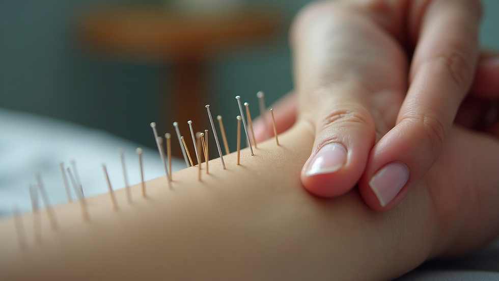 Close-up view of acupuncture needles inserted on a patient’s arm