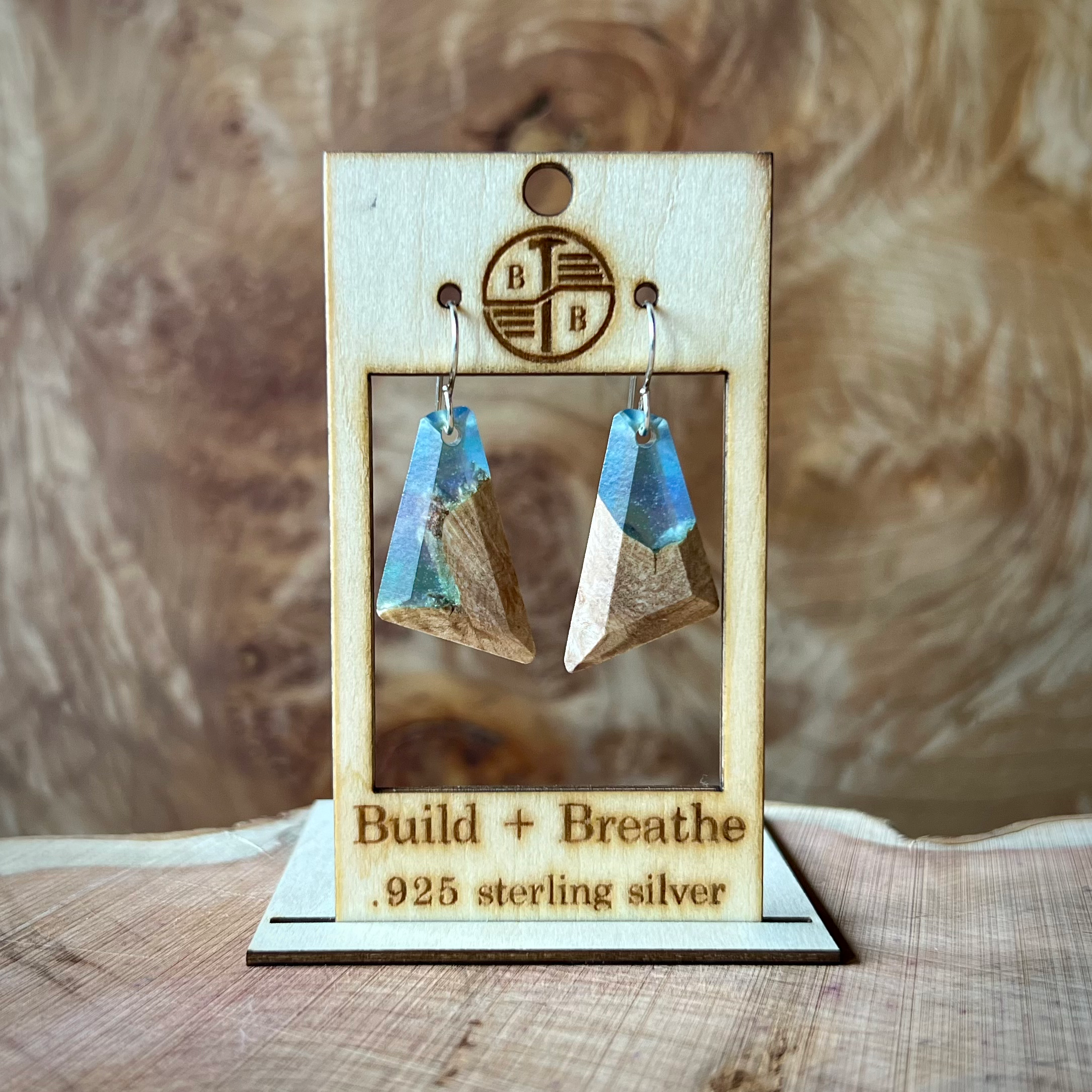 Burled Maple + Light Blue Resin Earrings