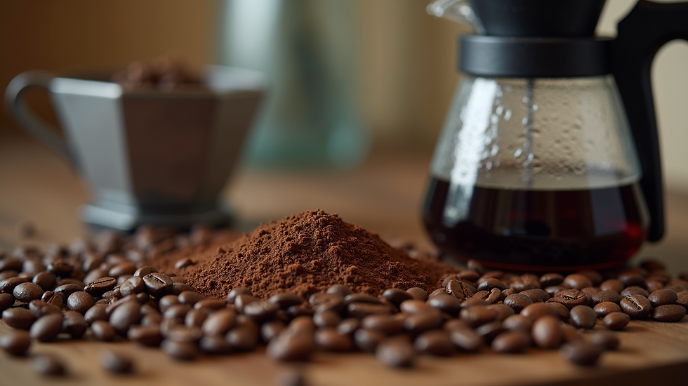 Close-up view of freshly ground coffee beans and brewing equipment