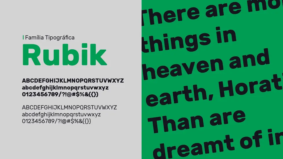 Imagem mostra tipografia utilizada na identidade da marca. A tipografia chama-se Rubik.