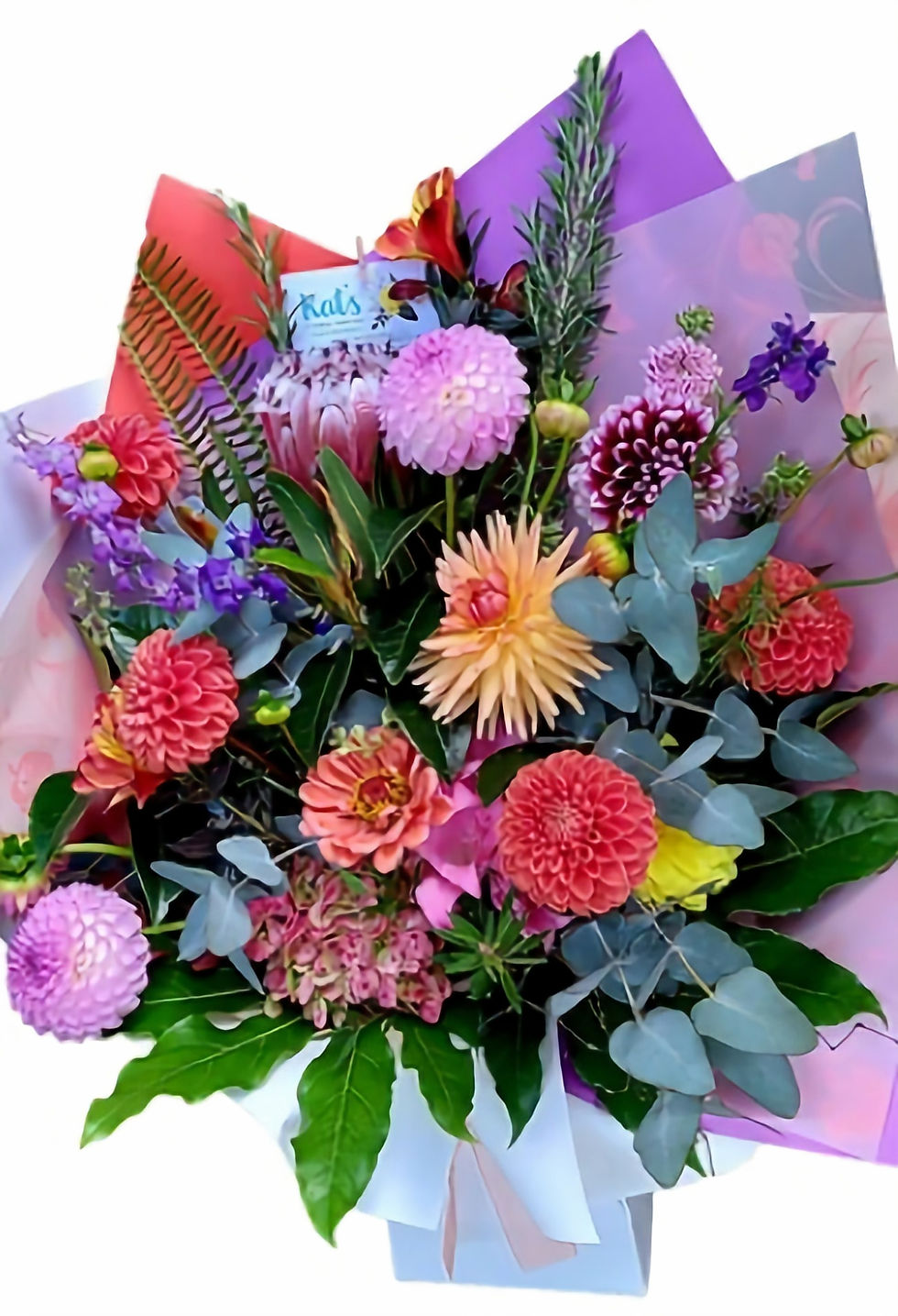 Thumbnail: A floral bouquet made with red, orange and purple flowers with green foliage, wrapped in matching paper and ribbons.