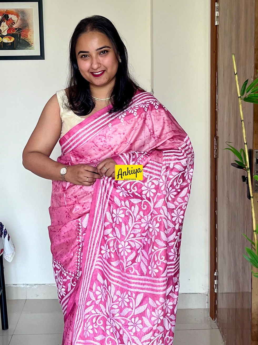 Thumbnail: PINK HAND BATIK BLENDED SILK KANTHA SAREE