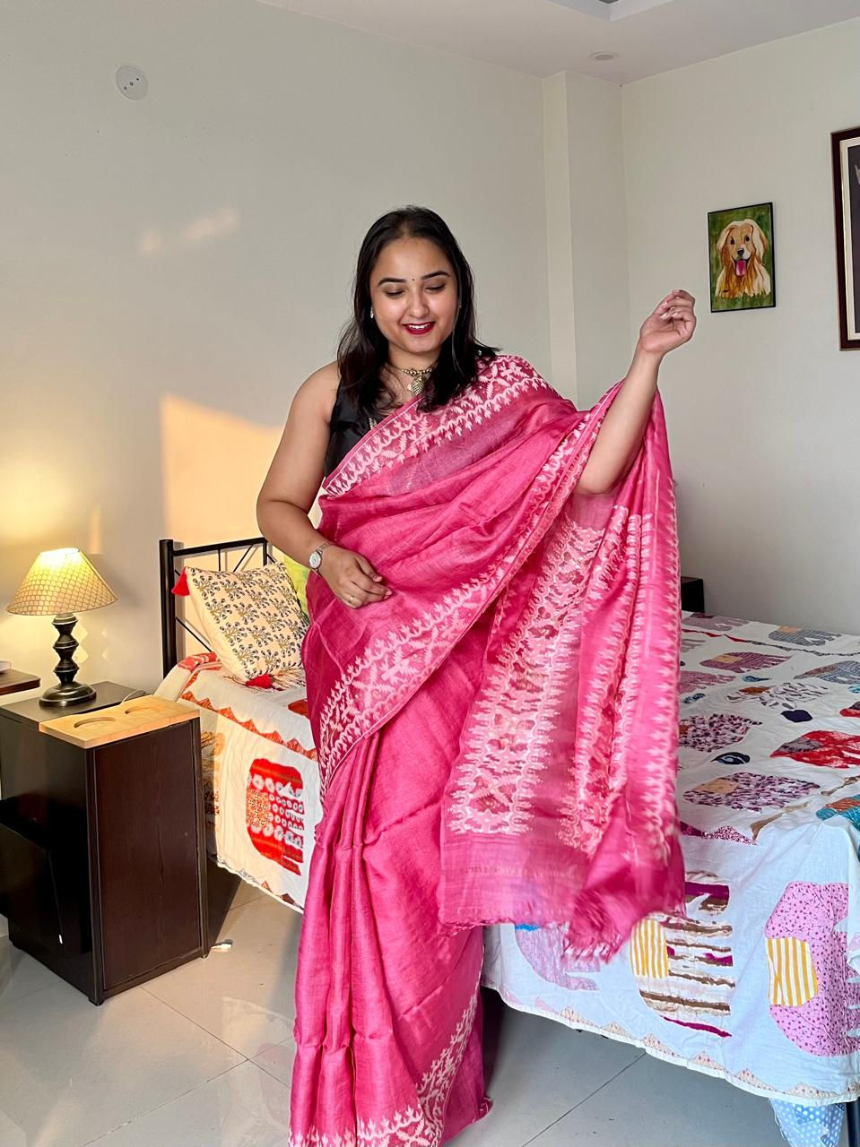 Thumbnail: Gulabi Pink Jamdani Tussar Saree