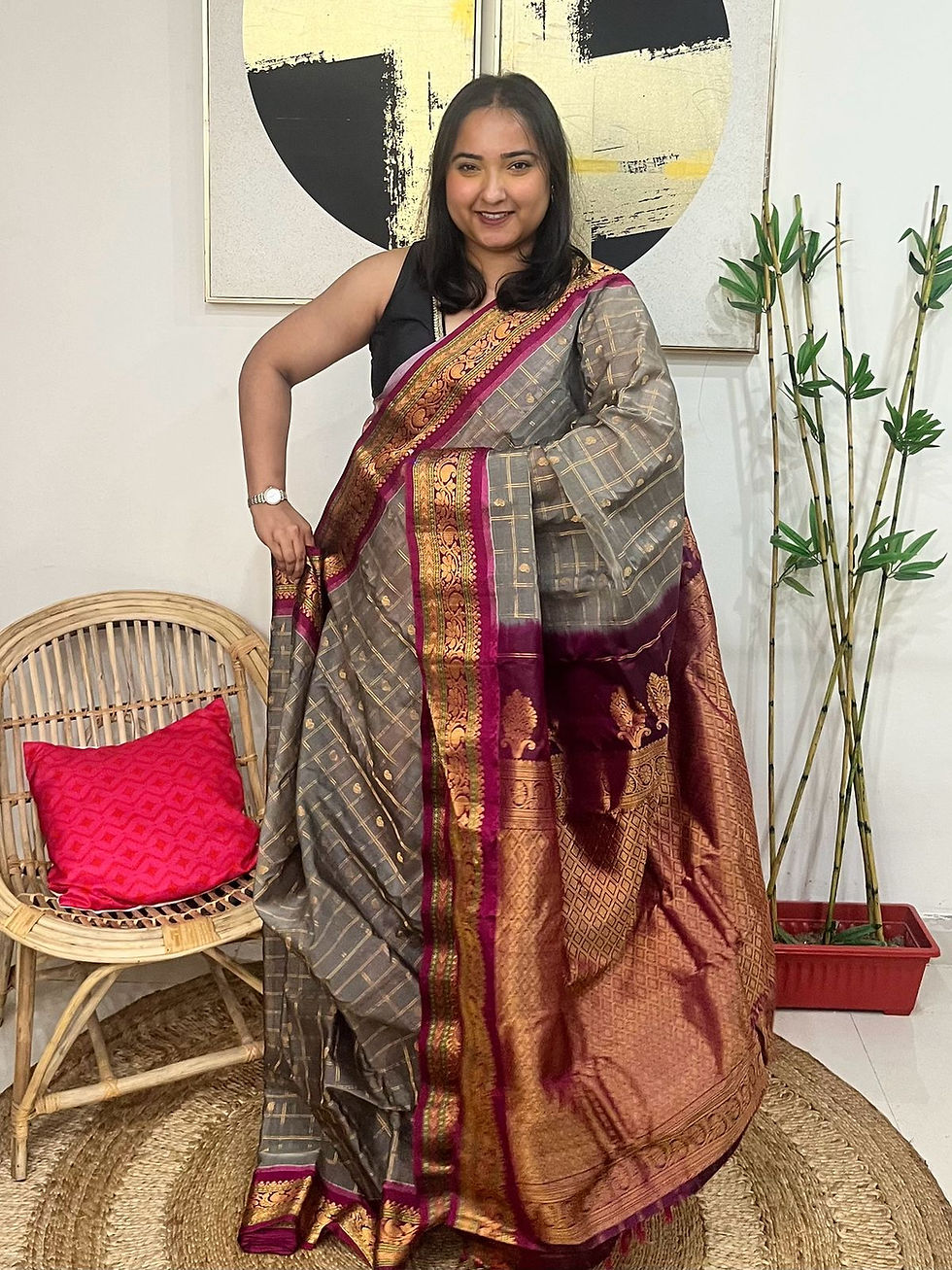 Thumbnail: Grey check Gadwal Silk cotton saree