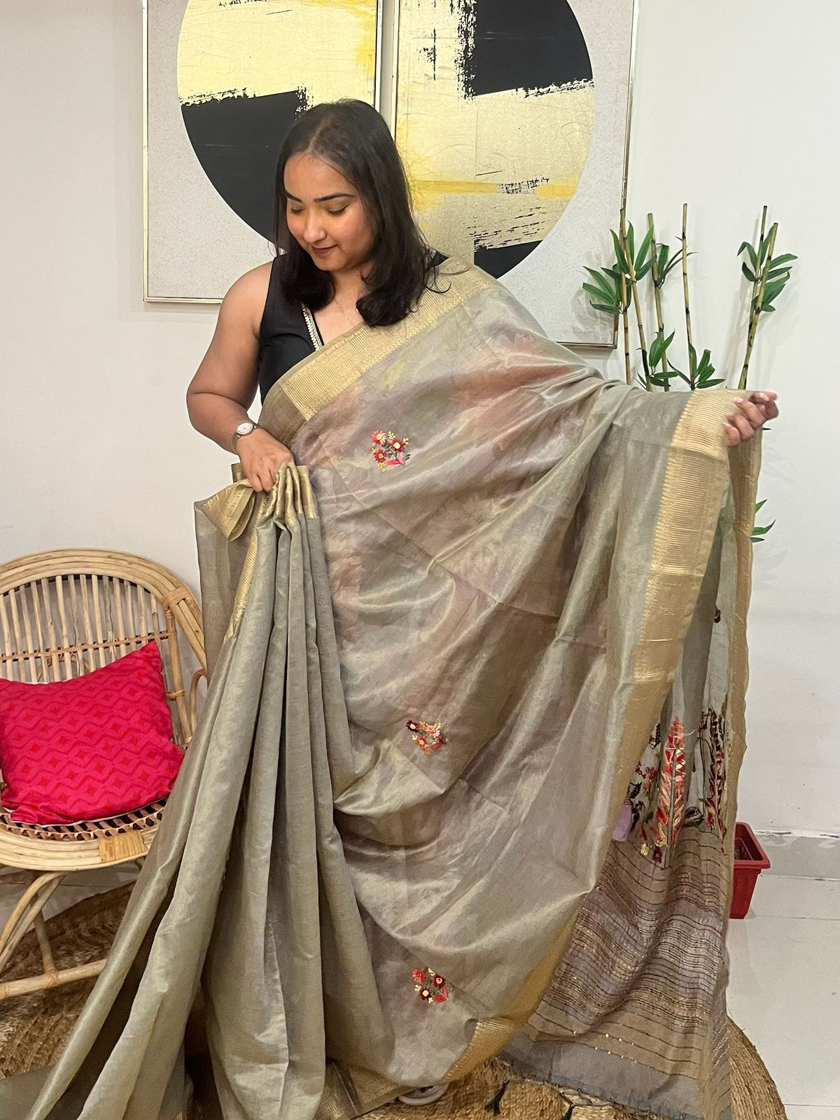 Maheshwari Tissue with hand embroidered flowers