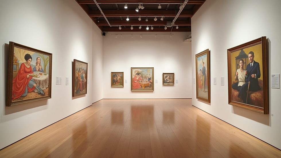 Eye-level view of a vibrant art gallery showcasing various artworks