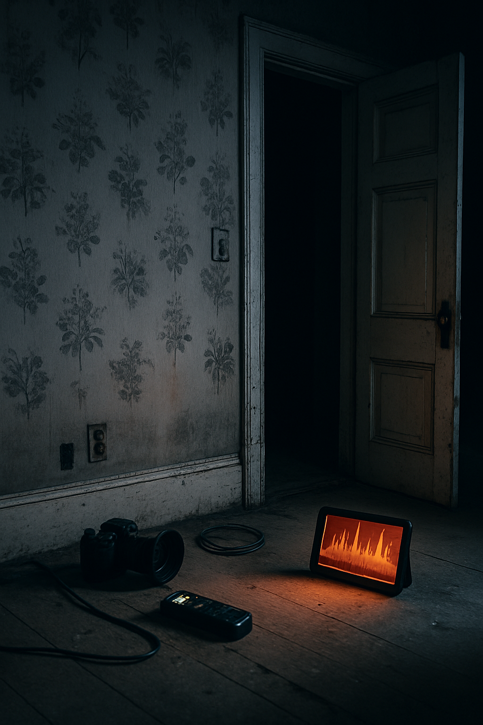 Dimly lit unfinished room with exposed brick, cold lighting, and construction debris — a common setting for reported haunted house activity and paranormal investigation triggers.