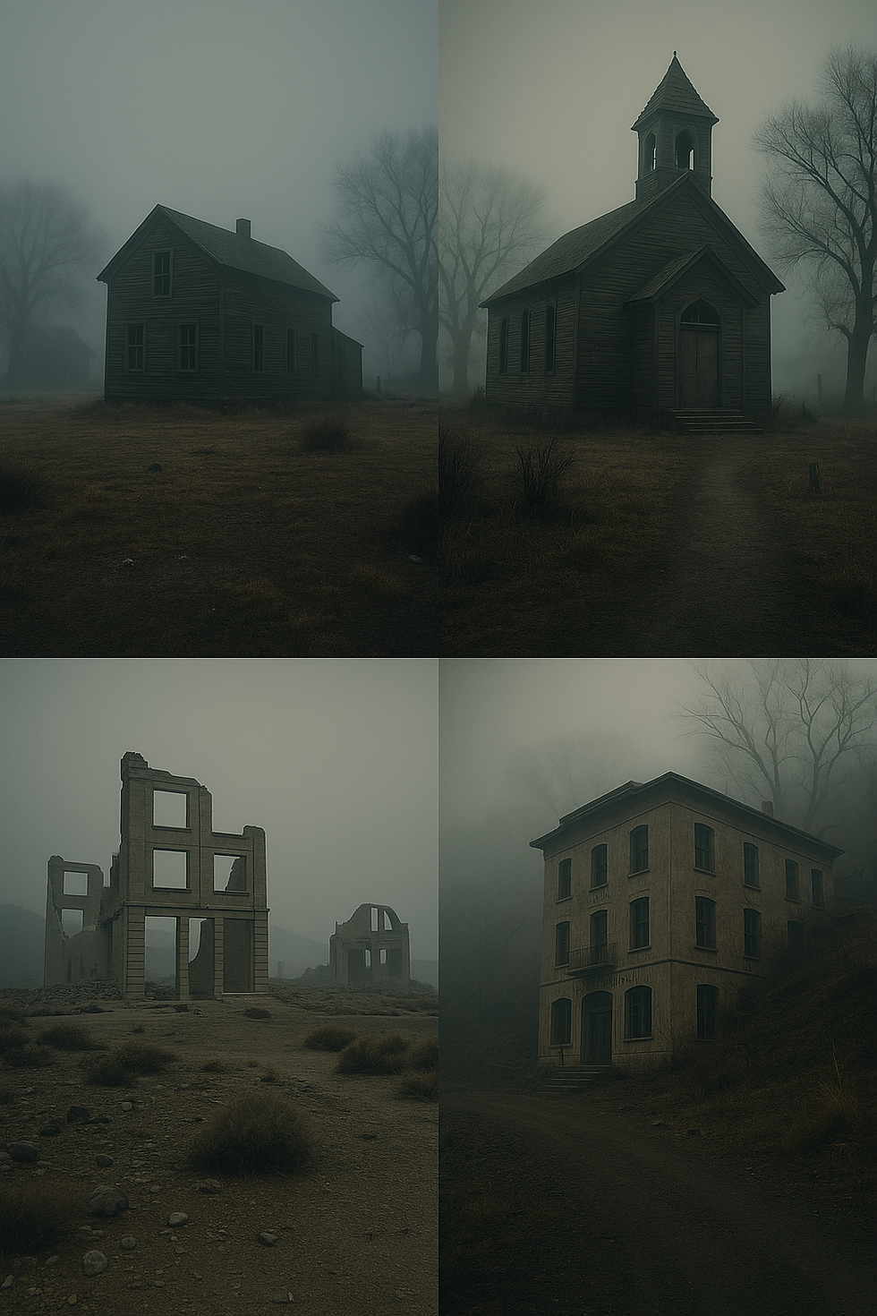 Four eerie images depict haunted ghost towns: an abandoned wooden house, a deserted church, skeletal ruins of a building, and a decaying hotel—all shrouded in fog. Each photo evokes paranormal themes, ghost sightings, and historical hauntings, ideal for ghost hunters and supernatural exploration.