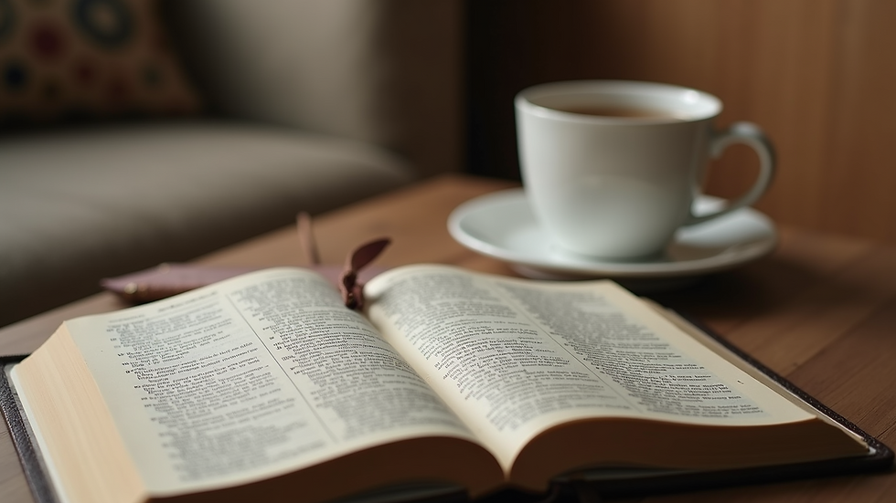 Close-up view of a cozy Bible study corner with a Bible, notebook, and a cup of tea