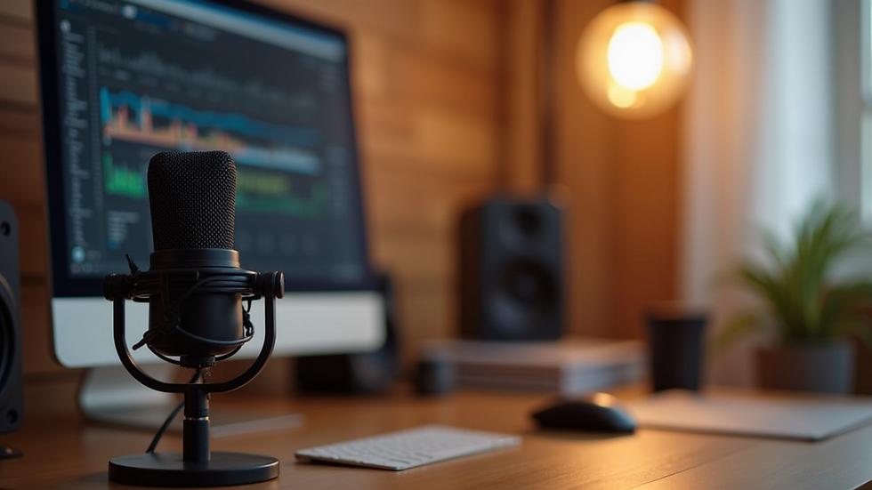 Close-up view of a microphone with podcasting equipment on a wooden desk