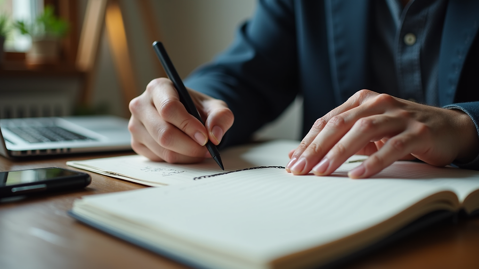 High angle view of a person writing podcast show notes on a notebook
