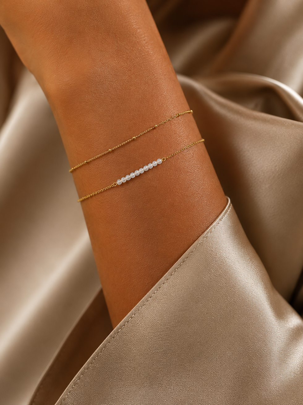 18K Gold Plated Bead Bracelet Set on a women's wrist