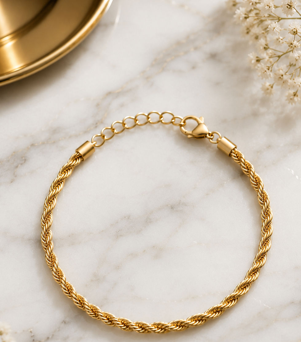 18K Gold Plated Rope Chain Bracelet sat on white marble