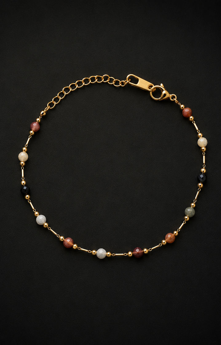 Thumbnail: 18K Gold Plated Multi-Beaded Bracelet sat on a black background