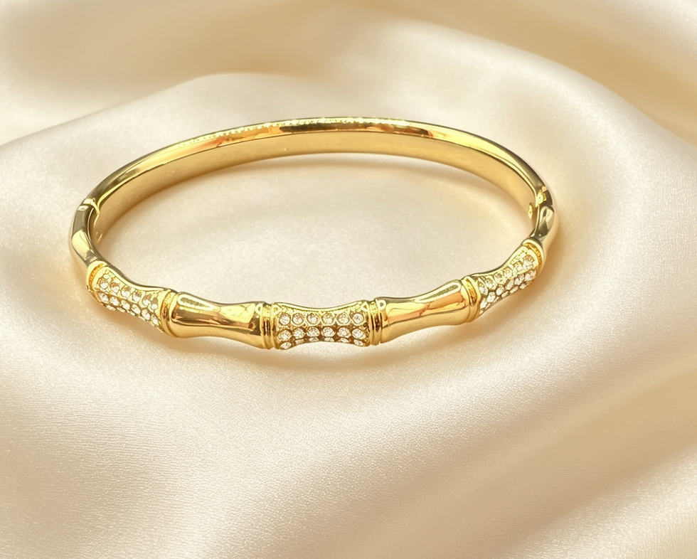 18K Gold Plated Bamboo  Crystal Bangle on cream satin