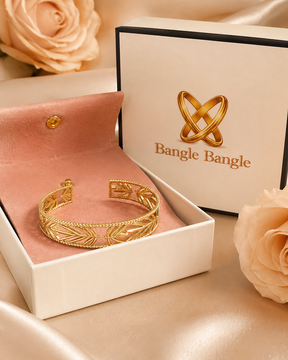 Thumbnail: 18K Gold Plated Leaf Bangle presented in Bangle Bangle packaging