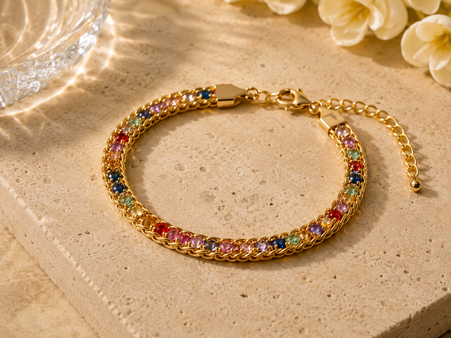 18K Gold Plated Multi-Tone Chain Bracelet on stone