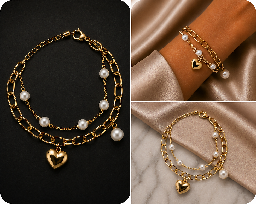 Thumbnail: 18K Gold Plated Pearl and Heart Charm Bracelet group shot