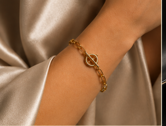 18K Gold Plated Toggle Bracelet on a women's wrist