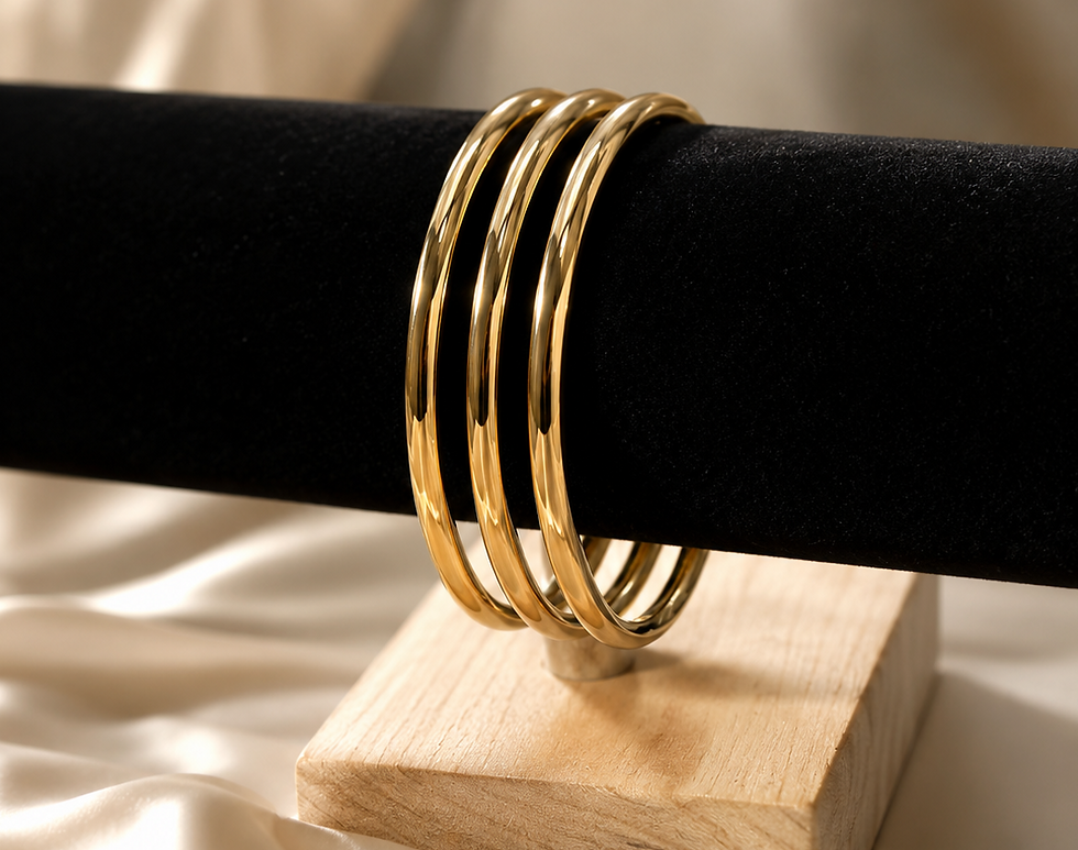 Thumbnail: 18K Gold Plated Classic Trio Bangle Set on a display stand