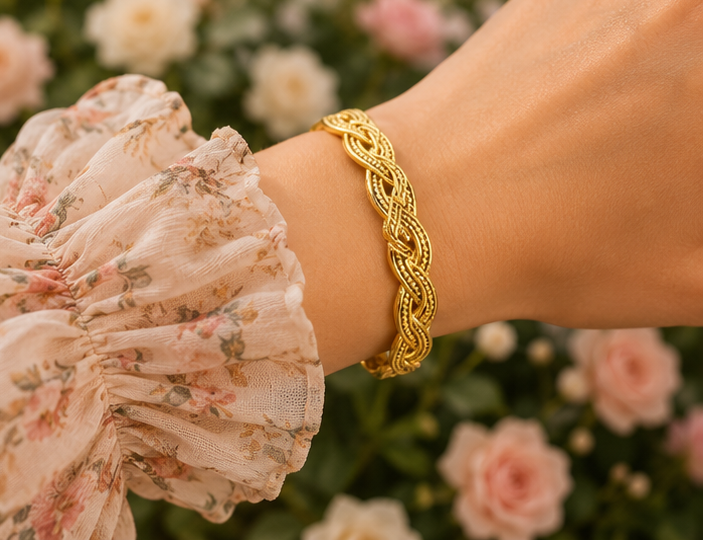 Thumbnail: 18K Gold Plated Braided Bangle on a women's wrist in a rose garden