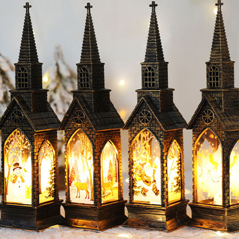Thumbnail: Retro Castle Christmas Lantern Candle Night Light Ornaments Led Santa Hanging La