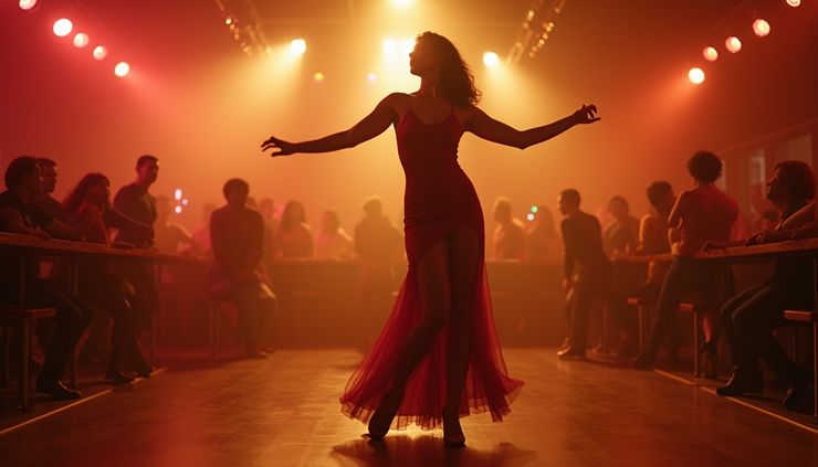 Eye-level view of a woman dancing salsa in a warmly lit studio