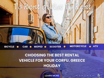 Traveller standing beside a small car in Corfu Old Town, illustrating options for choosing the best rental vehicle in Corfu including bicycle, car, scooter, motorcycle, and ATV.