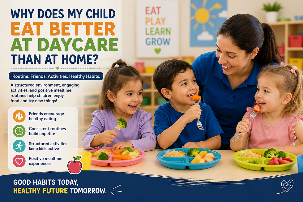 Children enjoying a healthy meal together with a caring teacher in a daycare with structured activities, encouraging positive eating habits and social development at Little Learners Lighthouse